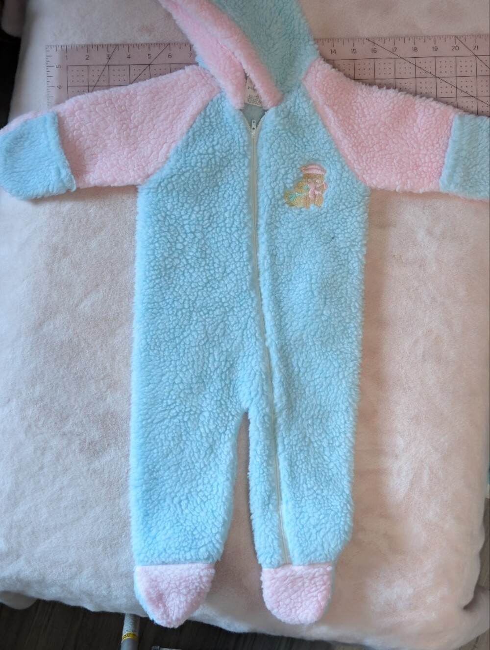 Vtg 90s Just Born Fleece Pram Bunting Snowsuit Pastel Pink Blue Bear Hooded 3-12